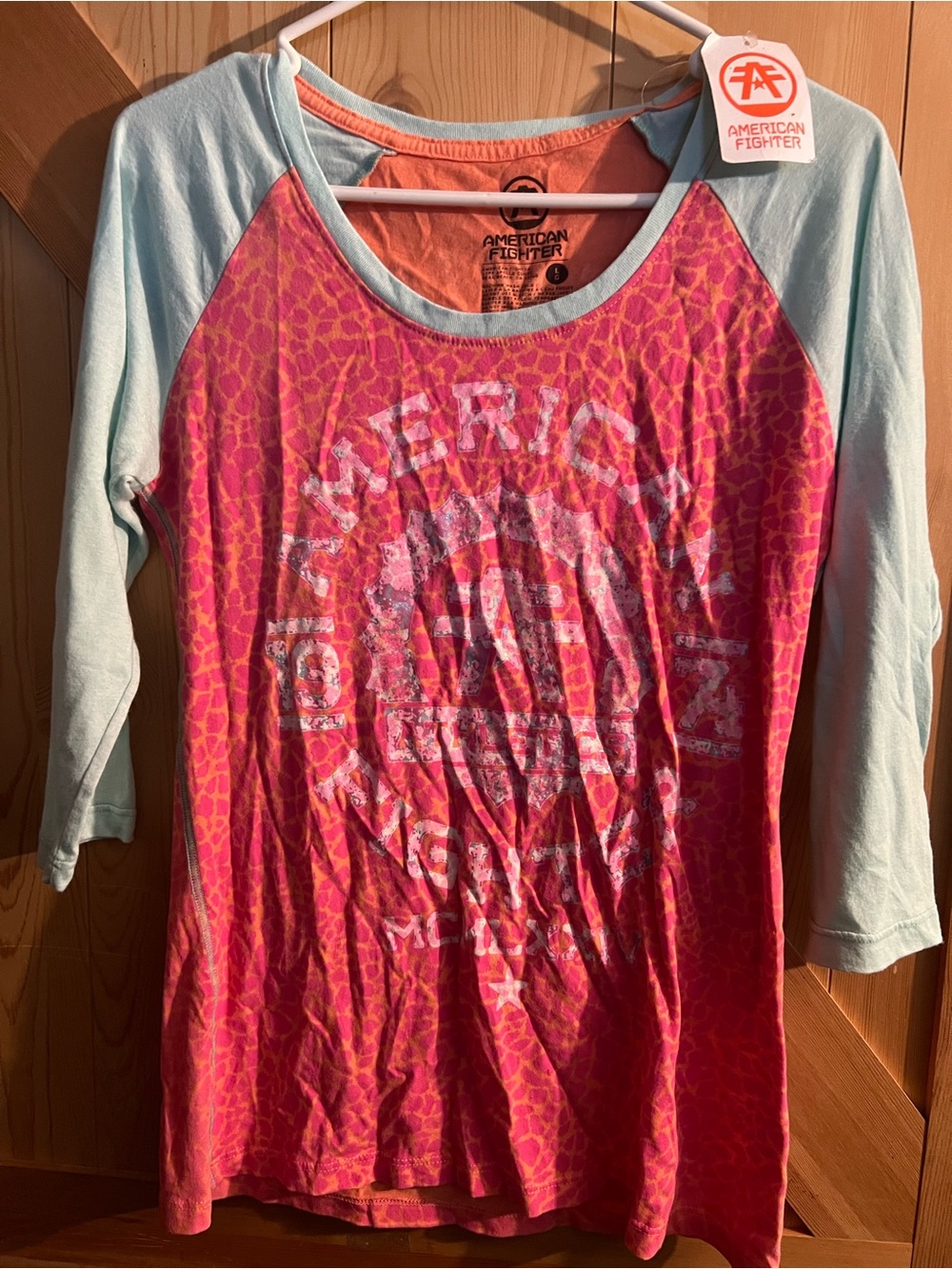 American Fighter Pink & Light Blue Raglan Graphic Long Sleeve Tee
